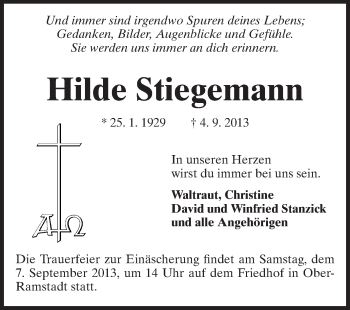 Traueranzeige von Hilde Stiegemann von Echo-Zeitungen (Gesamtausgabe)