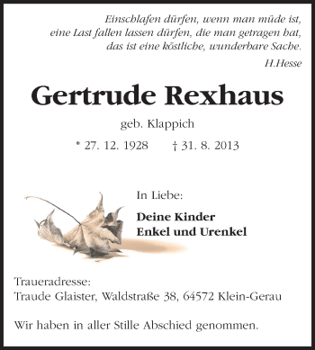 Traueranzeige von Gertrude Rexhaus von Rüsselsheimer Echo, Groß-Gerauer-Echo, Ried Echo