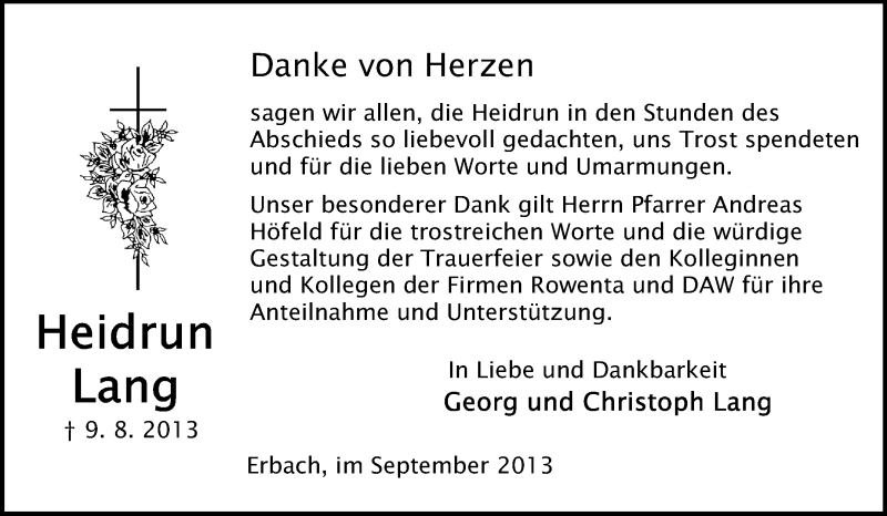  Traueranzeige für Heidrun Lang vom 09.09.2013 aus Echo-Zeitungen (Gesamtausgabe)