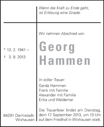 Traueranzeige von Georg Hammen von Echo-Zeitungen (Gesamtausgabe)