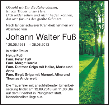 Traueranzeige von Johann Walter Fuß von Echo-Zeitungen (Gesamtausgabe)