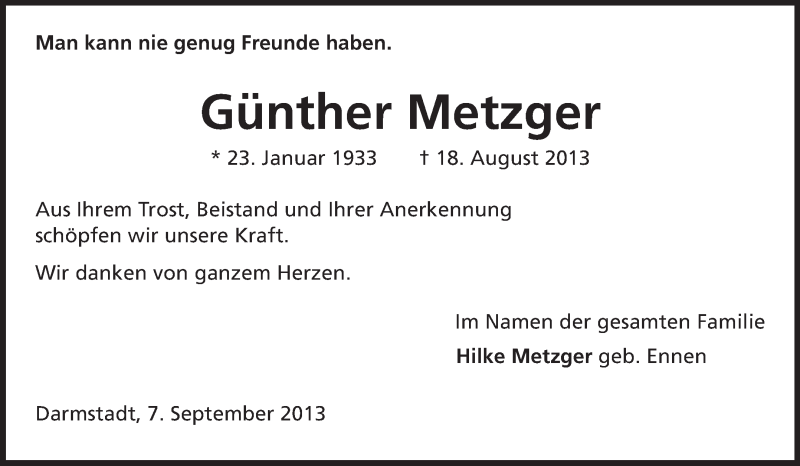  Traueranzeige für Günther Metzger vom 07.09.2013 aus Echo-Zeitungen (Gesamtausgabe)