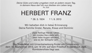 Traueranzeige von Herbert Franz von Odenwälder Echo