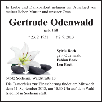 Traueranzeige von Gertrude Odenwald von Echo-Zeitungen (Gesamtausgabe)
