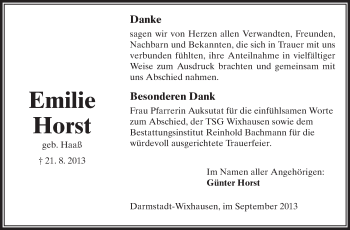 Traueranzeige von Emilie Horst von Echo-Zeitungen (Gesamtausgabe)