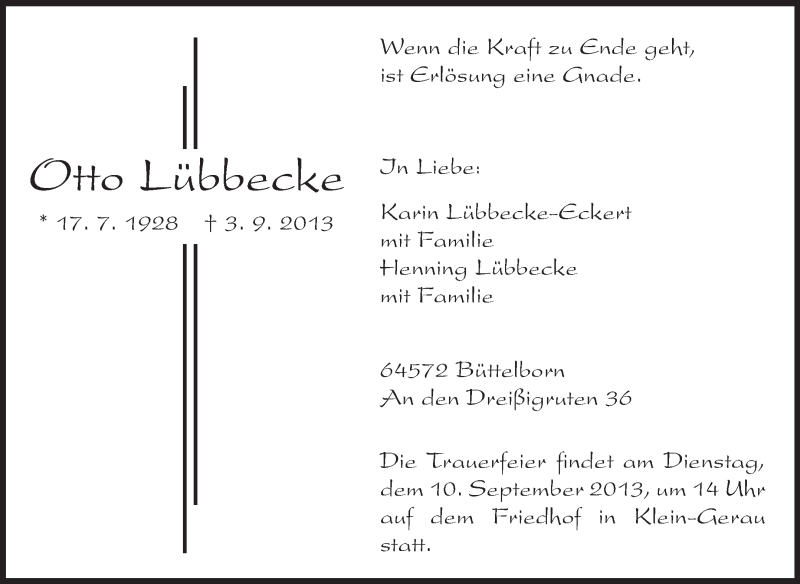  Traueranzeige für Otto Lübbecke vom 07.09.2013 aus Rüsselsheimer Echo, Groß-Gerauer-Echo, Ried Echo