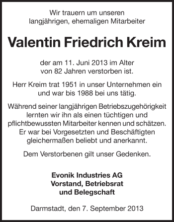 Traueranzeige von Valentin Friedrich Kreim von Echo-Zeitungen (Gesamtausgabe)