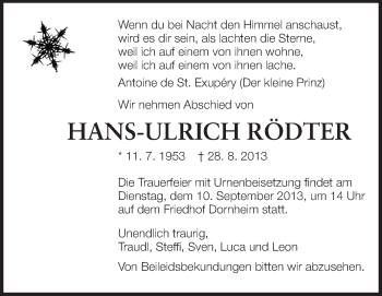 Traueranzeige von Hans-Ulrich Rödter von Rüsselsheimer Echo, Groß-Gerauer-Echo, Ried Echo