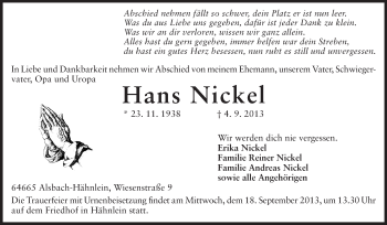 Traueranzeige von Hans Nickel von Echo-Zeitungen (Gesamtausgabe)