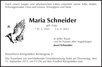 Traueranzeige von Maria Schneider von Rüsselsheimer Echo, Groß-Gerauer-Echo, Ried Echo