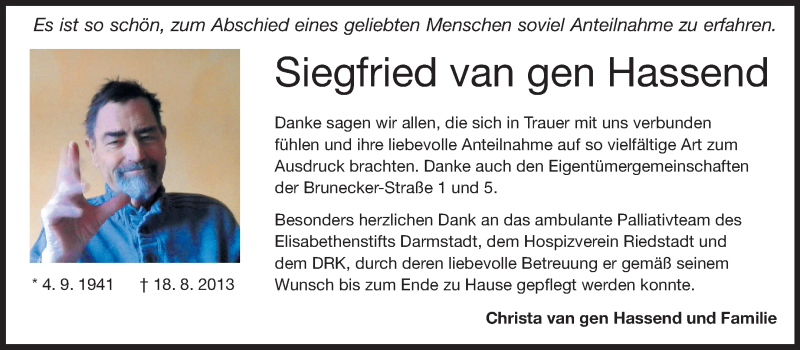 Traueranzeige für Siegfired van gen Hassend vom 07.09.2013 aus Rüsselsheimer Echo, Groß-Gerauer-Echo, Ried Echo