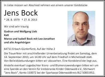 Traueranzeige von Jens Bock von Odenwälder Echo