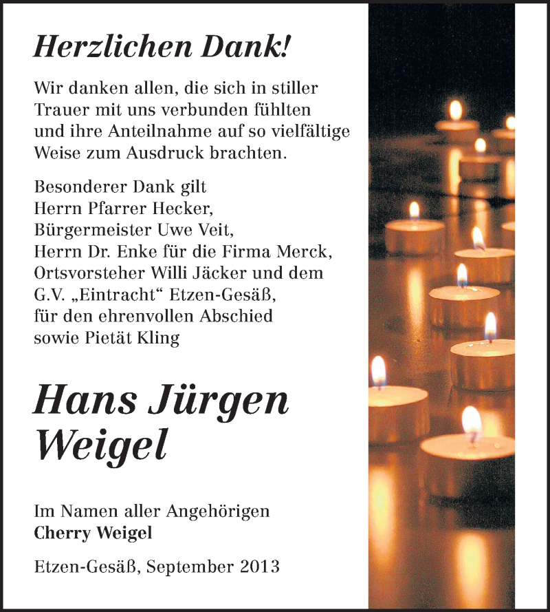  Traueranzeige für Hans Jürgen Weigel vom 07.09.2013 aus Odenwälder Echo