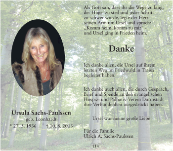 Traueranzeige von Ursula Sachs-Paulssen von Echo-Zeitungen (Gesamtausgabe)