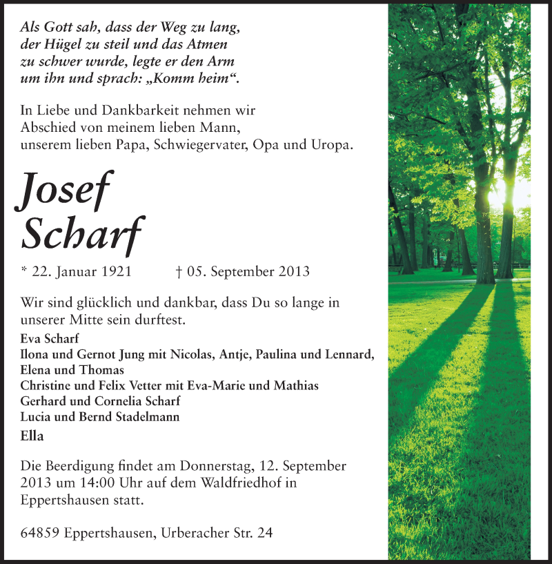  Traueranzeige für Josef Scharf vom 07.09.2013 aus Echo-Zeitungen (Gesamtausgabe)
