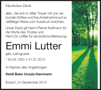 Traueranzeige von Emmi Lutter von Odenwälder Echo