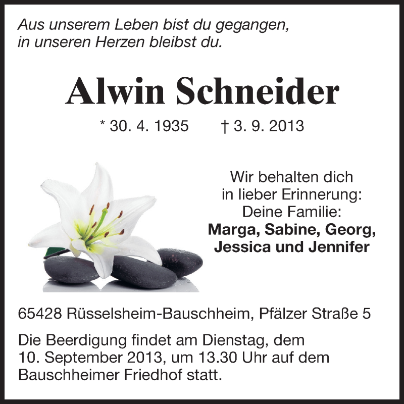  Traueranzeige für Alwin Schneider vom 07.09.2013 aus Rüsselsheimer Echo, Groß-Gerauer-Echo, Ried Echo
