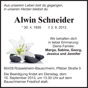 Traueranzeige von Alwin Schneider von Rüsselsheimer Echo, Groß-Gerauer-Echo, Ried Echo