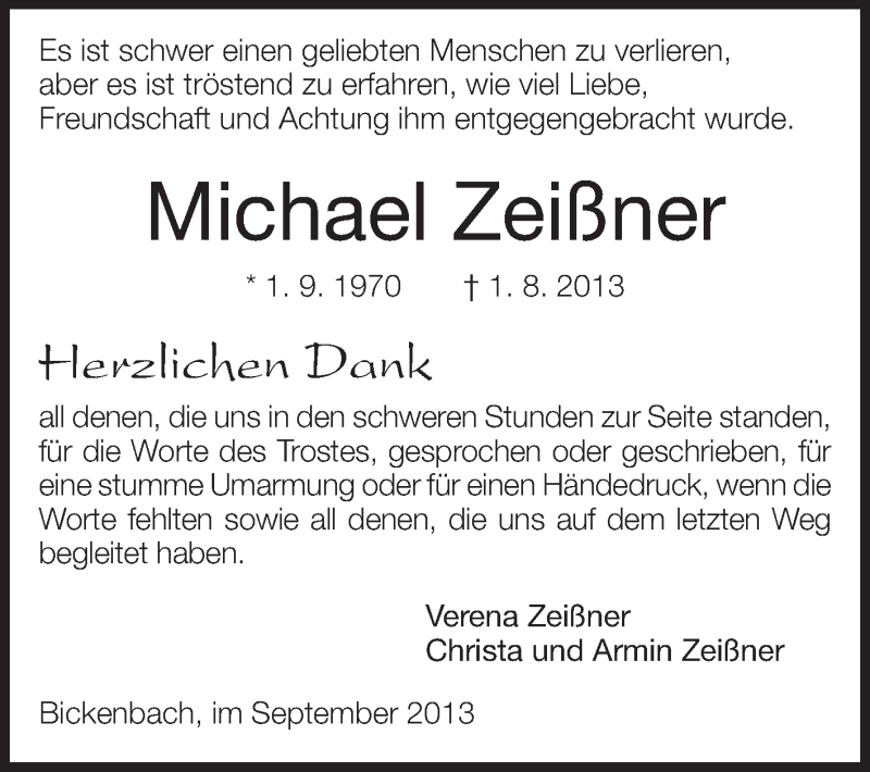  Traueranzeige für Michael Zeißner vom 07.09.2013 aus Echo-Zeitungen (Gesamtausgabe)