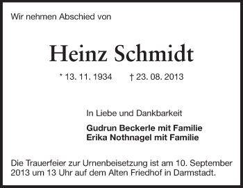 Traueranzeige von Heinz Schmidt von Echo-Zeitungen (Gesamtausgabe)