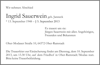 Traueranzeige von Ingrid Sauerwein von Echo-Zeitungen (Gesamtausgabe)