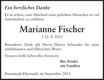 Traueranzeige von Marianne Fischer  von Echo-Zeitungen (Gesamtausgabe)