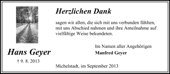 Traueranzeige von Hans Geyer von Odenwälder Echo