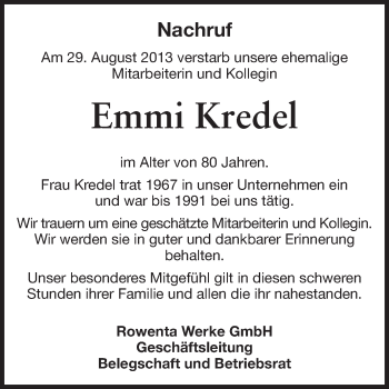 Traueranzeige von Emmi Kredel von Odenwälder Echo