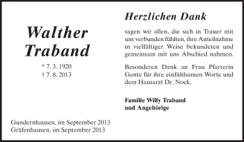Traueranzeige von Walther Traband von Echo-Zeitungen (Gesamtausgabe)