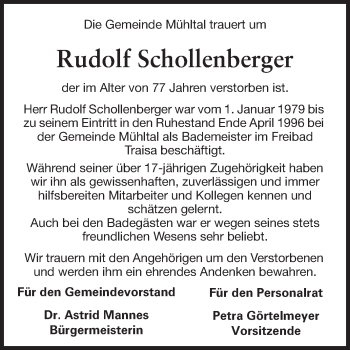 Traueranzeige von Rudolf Schollenberger von Echo-Zeitungen (Gesamtausgabe)