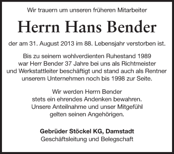 Traueranzeige von Hans Bender von Echo-Zeitungen (Gesamtausgabe)