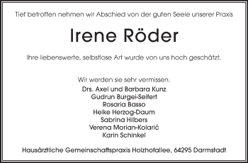Traueranzeige von Irene Röder von Echo-Zeitungen (Gesamtausgabe)