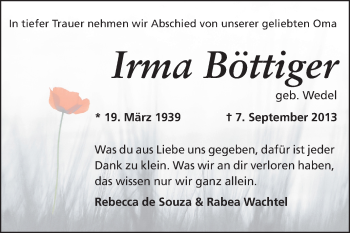 Traueranzeige von Irma Böttiger von Rüsselsheimer Echo, Groß-Gerauer-Echo, Ried Echo