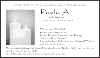 Traueranzeige von Paula Alt von Rüsselsheimer Echo, Groß-Gerauer-Echo, Ried Echo