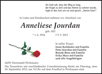 Traueranzeige von Anneliese Jourdan von Echo-Zeitungen (Gesamtausgabe)