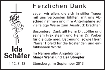 Traueranzeige von Ida Schäfer von Odenwälder Echo