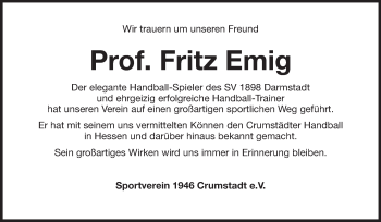 Traueranzeige von Fritz Emig von Echo-Zeitungen (Gesamtausgabe)