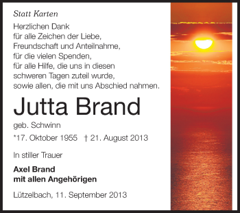 Traueranzeige von Jutta Brand von Odenwälder Echo