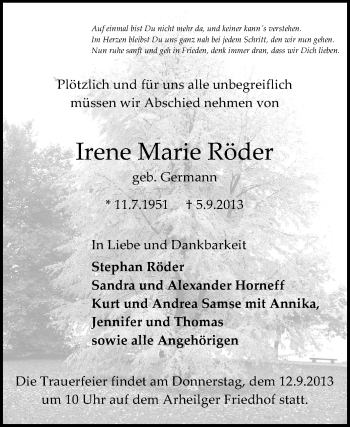 Traueranzeige von Irene Marie Röder von Echo-Zeitungen (Gesamtausgabe)