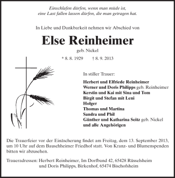 Traueranzeige von Else Reinheimer von Rüsselsheimer Echo, Groß-Gerauer-Echo, Ried Echo
