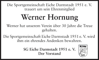 Traueranzeige von Werner Hornung von Echo-Zeitungen (Gesamtausgabe)