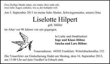 Traueranzeige von Liselotte Hilpert von Odenwälder Echo
