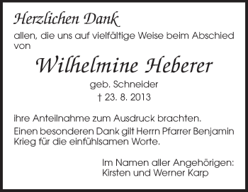 Traueranzeige von Wilhelmine Heberer von Darmstädter Echo, Odenwälder Echo, Rüsselsheimer Echo, Groß-Gerauer-Echo, Ried Echo