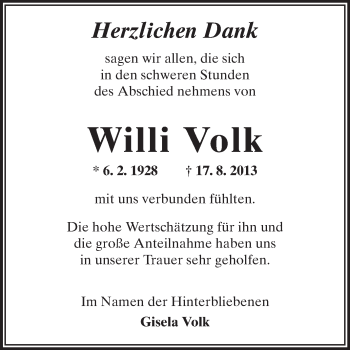 Traueranzeige von Willi Volk von Echo-Zeitungen (Gesamtausgabe)