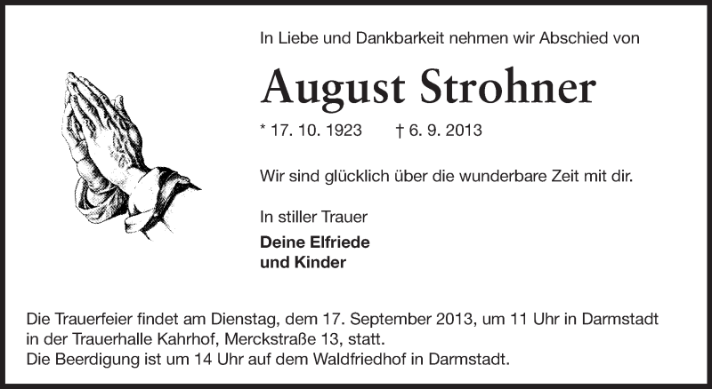  Traueranzeige für August Strohner vom 14.09.2013 aus Darmstädter Echo, Odenwälder Echo, Rüsselsheimer Echo, Groß-Gerauer-Echo, Ried Echo