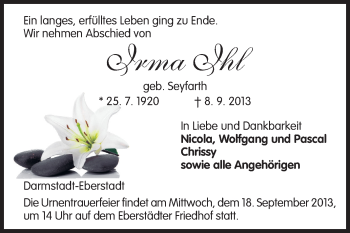 Traueranzeige von Irma Ihl von Echo-Zeitungen (Gesamtausgabe)