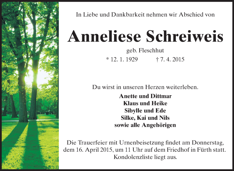  Traueranzeige für Anneliese Schreiweis vom 13.04.2015 aus Starkenburger Echo