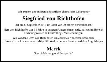 Traueranzeige von Siegfried von Richthofen von Darmstädter Echo