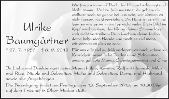 Traueranzeige von Ulrike Baumgärtner von Darmstädter Echo