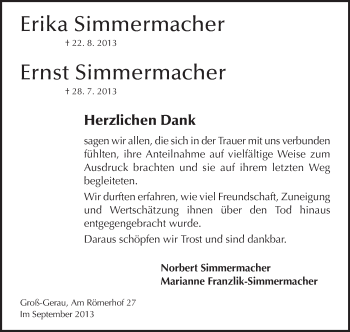 Traueranzeige von Erika Simmermacher von Rüsselsheimer Echo, Groß-Gerauer-Echo, Ried Echo